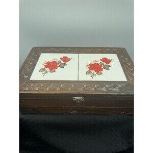 Vintage Wooden Jewelry Box Ceramic Tile Roses classic red lining